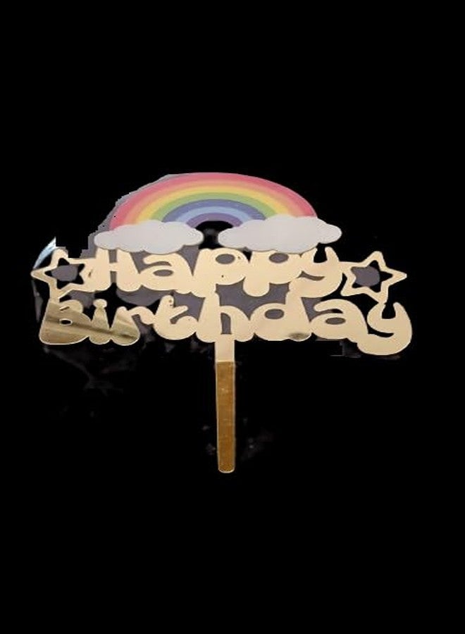 Rainbow Birthday Cake Topper with Clouds, Gold Acrylic Happy Birthday Decoration